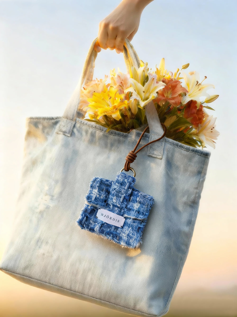 Tote bag with flowers and a small blue bag attached, held by a hand against a blurred background.